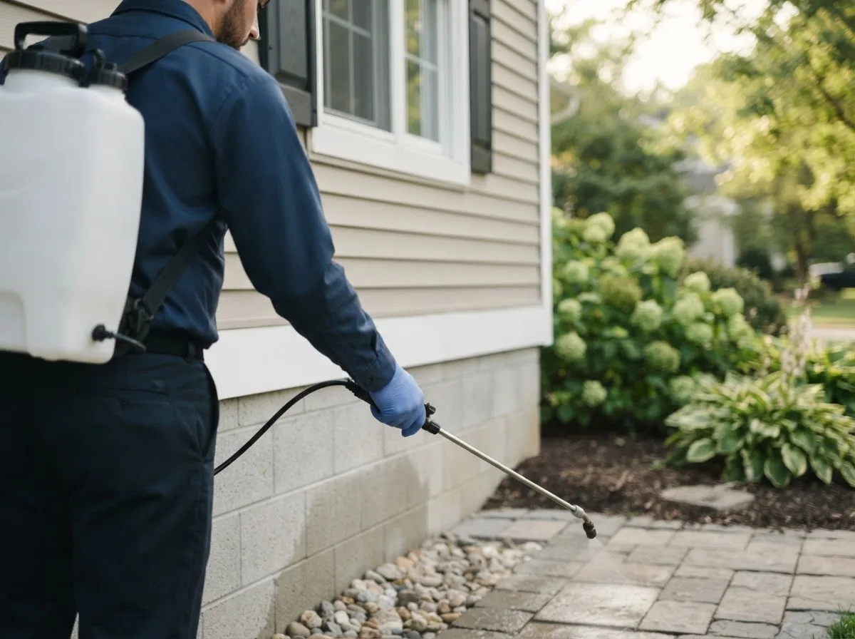 Pest control technician inspecting a home in Easton, MN